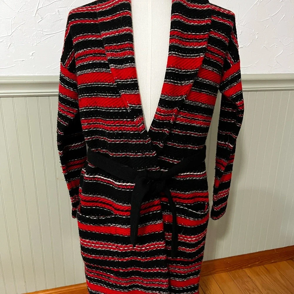 Ralph Lauren‎ Red Black Tribal Long Belt Wool Cardigan Sweater Euc Medium